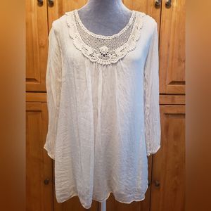 Carla Conti Ecru Boho Chic Sheer Silk & Cotton Lace Blouse Size Medium